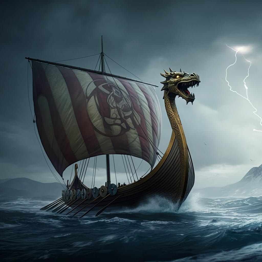 Viking Longship in Icy Waters, Matte Painting