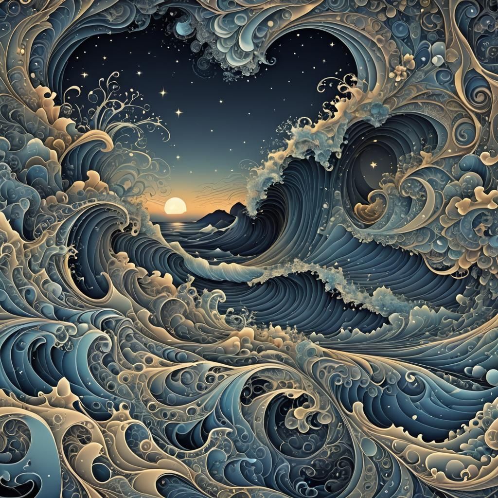 Summer Night Seascape with Abstract Fractal Elements