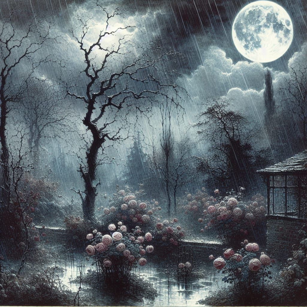 Melancholy Nordic Garden: Rainy Autumn Night Landscape