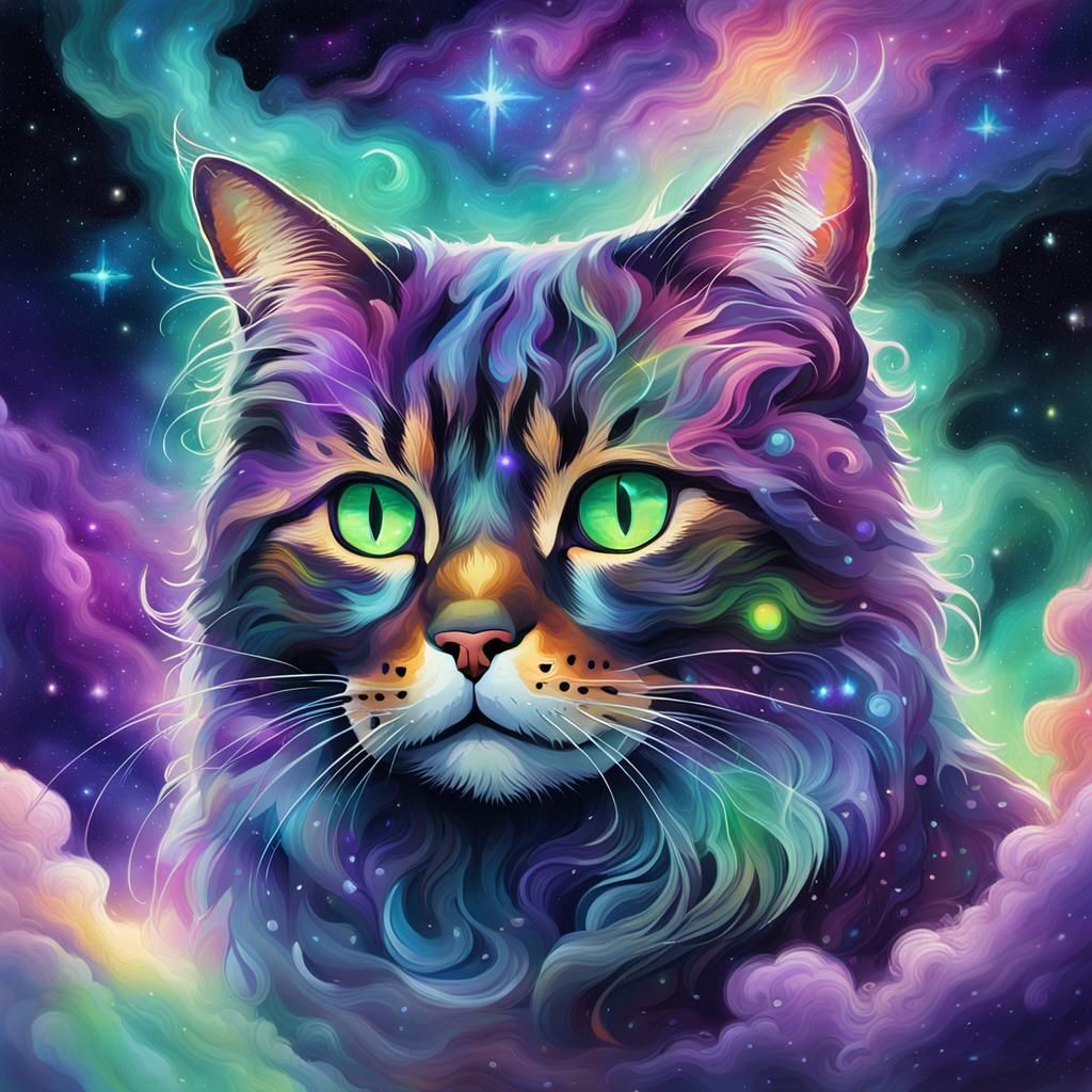 Cosmic Tortoiseshell Cat in Vibrant Nebula