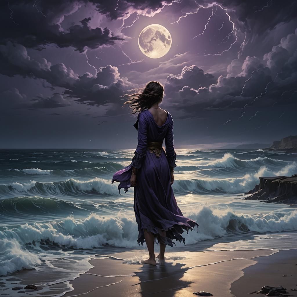 Lonely Spirit on Stormy Beach at Moonlight