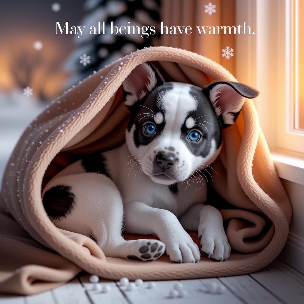 Caption reads, May all beings have warmth, an adorable reali...