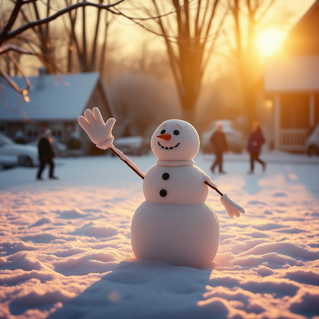 Cheerful Snowman Waving in Winter Sunlight