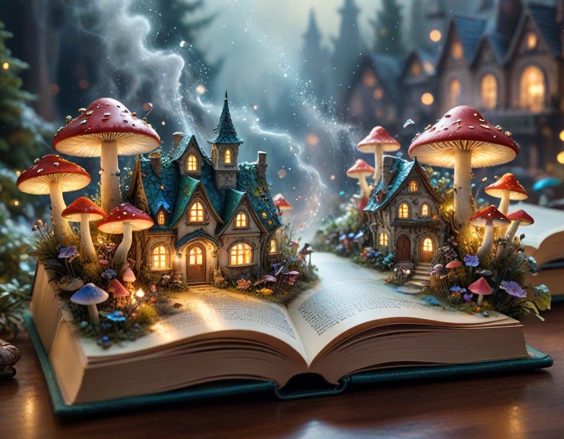 Glowing Fairy City Emerges from Open Book, Watercolor Style