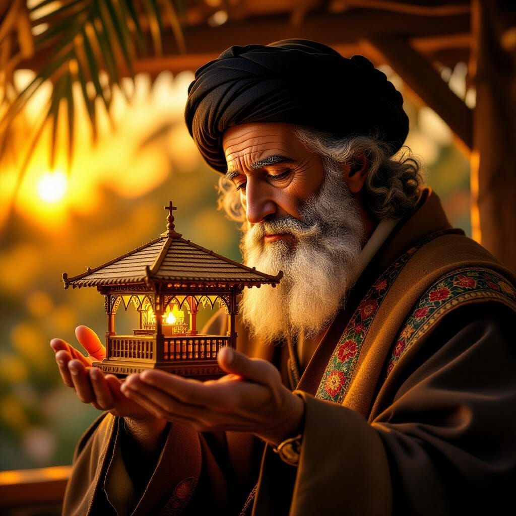 Avraham Avinu Holding Miniature Sukkah in Golden Light