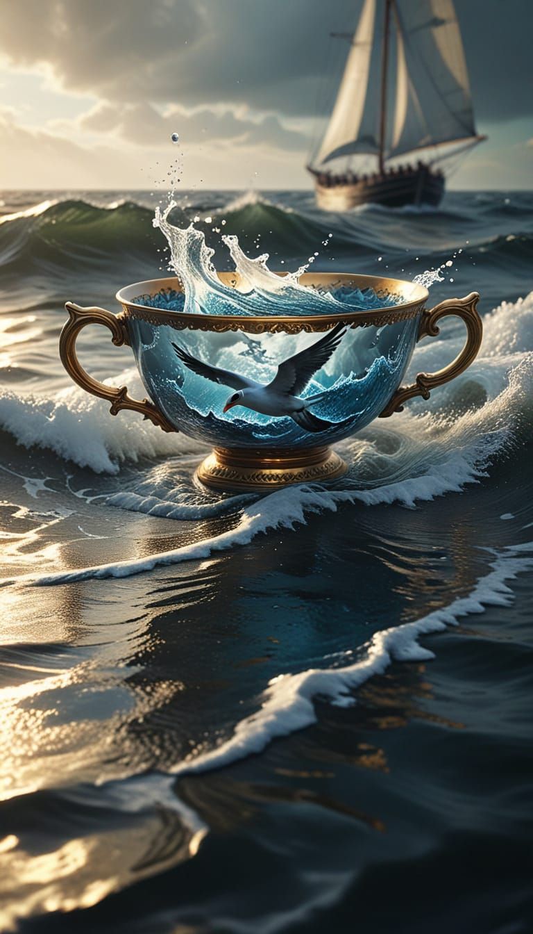 Surreal Hyperrealistic Teacup Painting with Ship at Sea