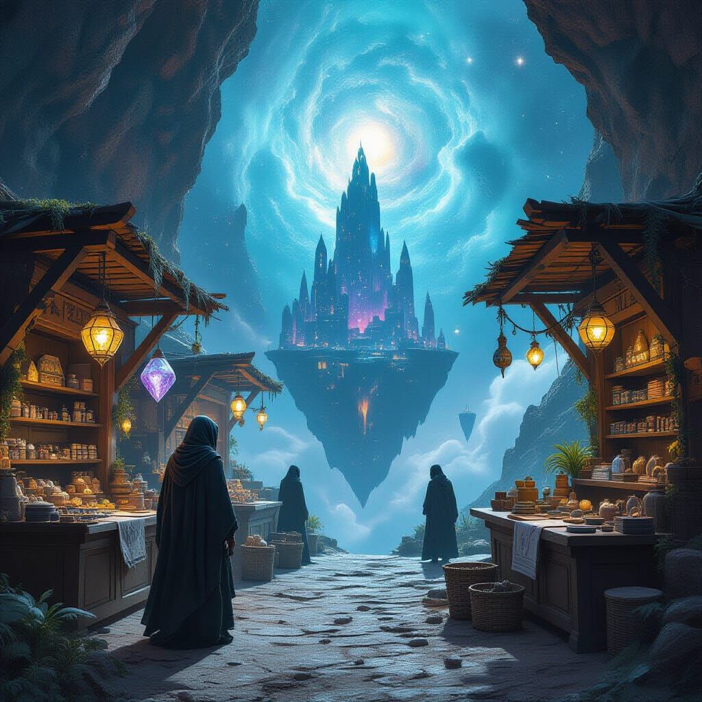 Otherworldly Bazaar on Floating Island in Space