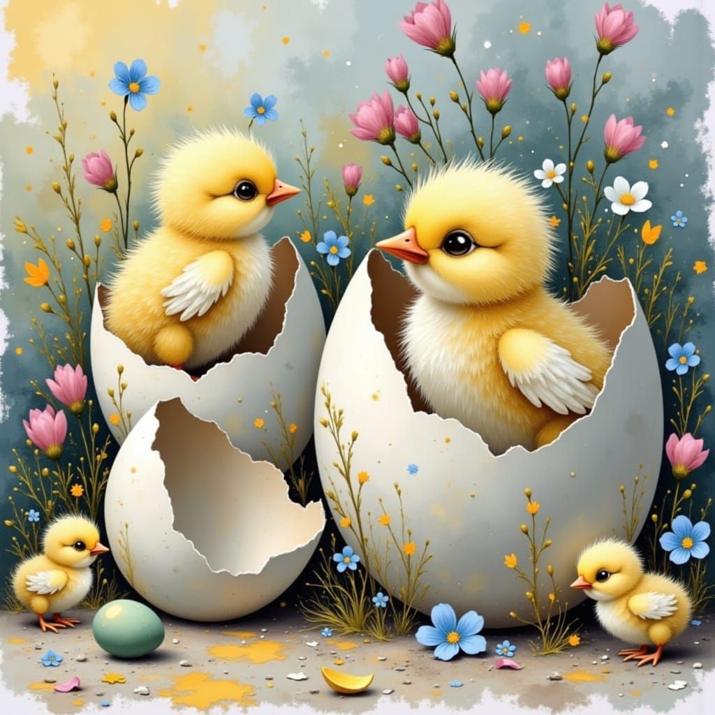 Four Fluffy Chicks Emerge From Eggs in Spring Flowers