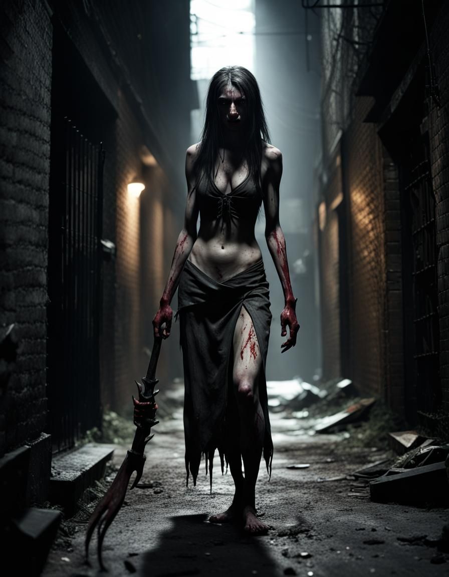 Hyperrealistic Witch from Left 4 Dead in Alleyway