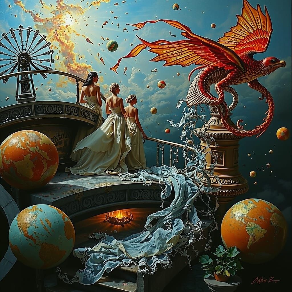 Elegant Women Ascend Celestial Staircase in Vivid Sky