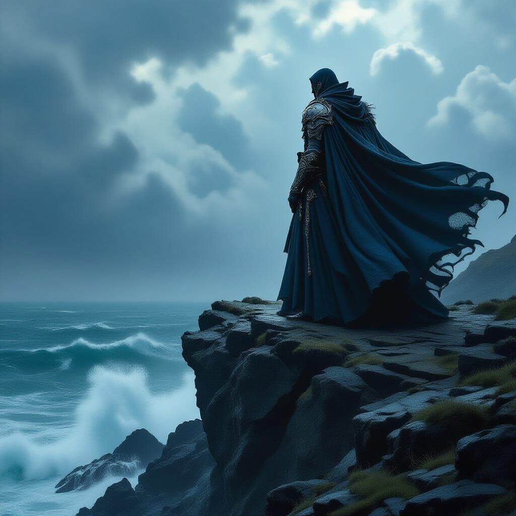 Dark Lord on Windswept Cliff Overlooking Turbulent Sea