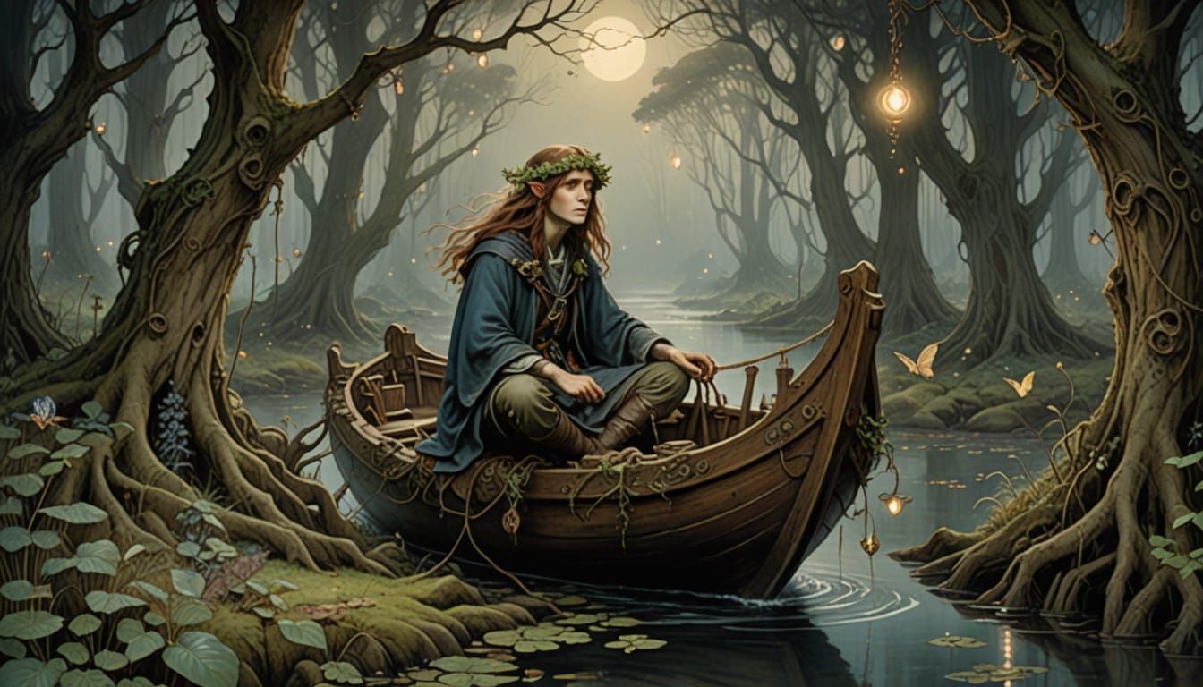 Enchanted Woodland Ferry in Whimsical Landscape Style