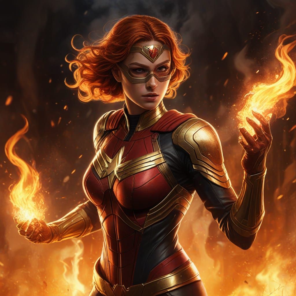Superheroine with Fire Powers in Comic Book Style