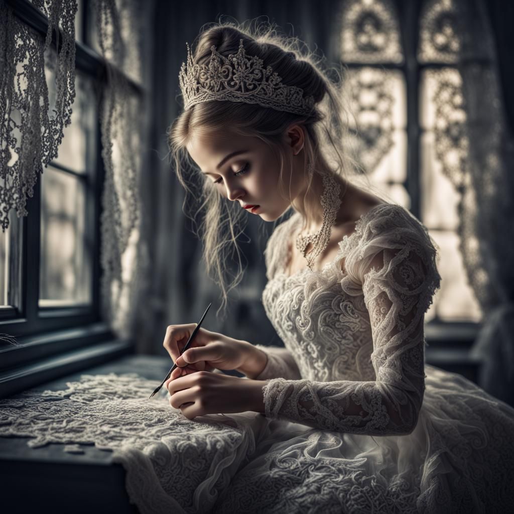 Hyperrealistic Princess Embroidering Lace with Intricate Det...