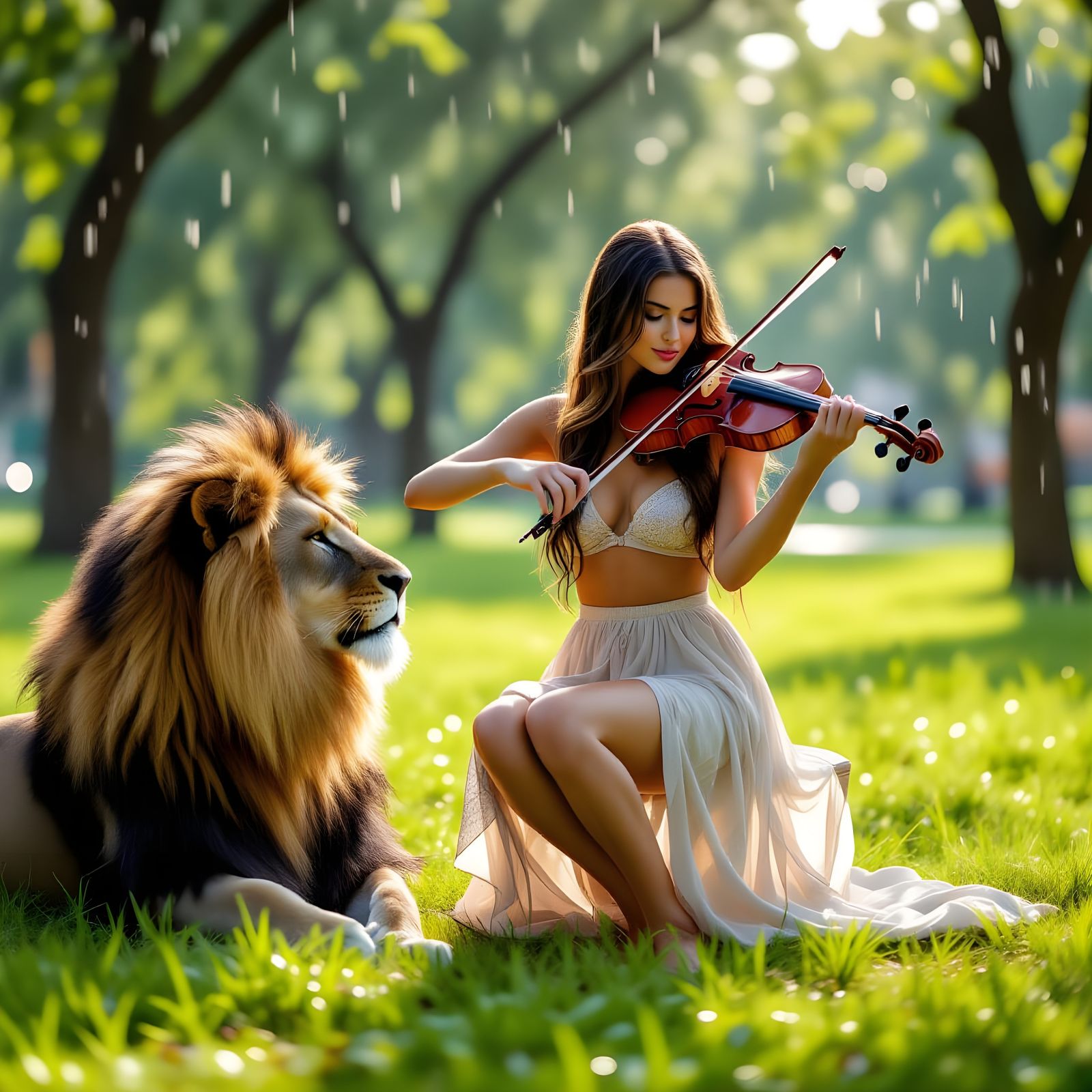 Woman Plays Violin with Lion in Rainy Park