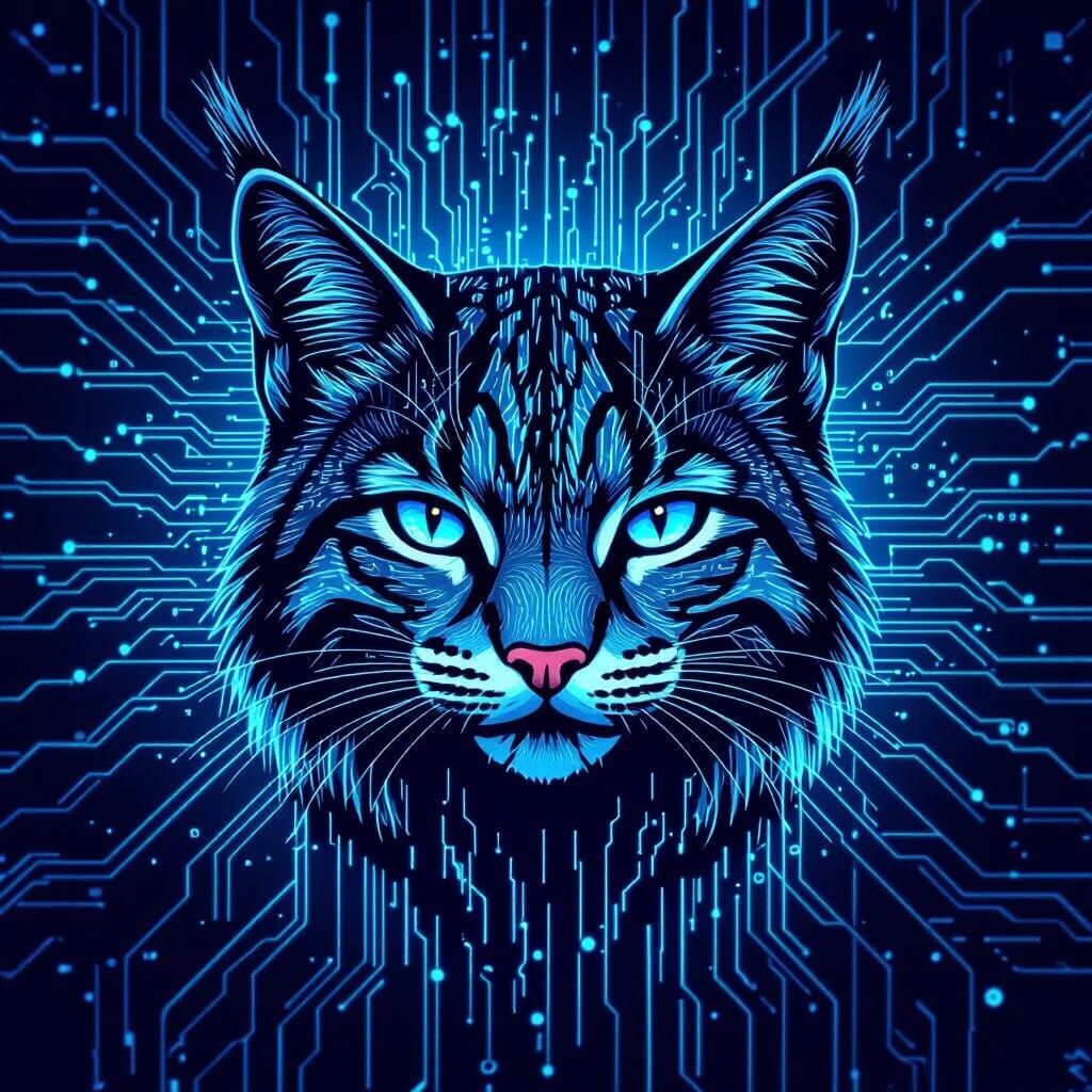 Cybersecurity Bobcat Digital Art with Data Streams