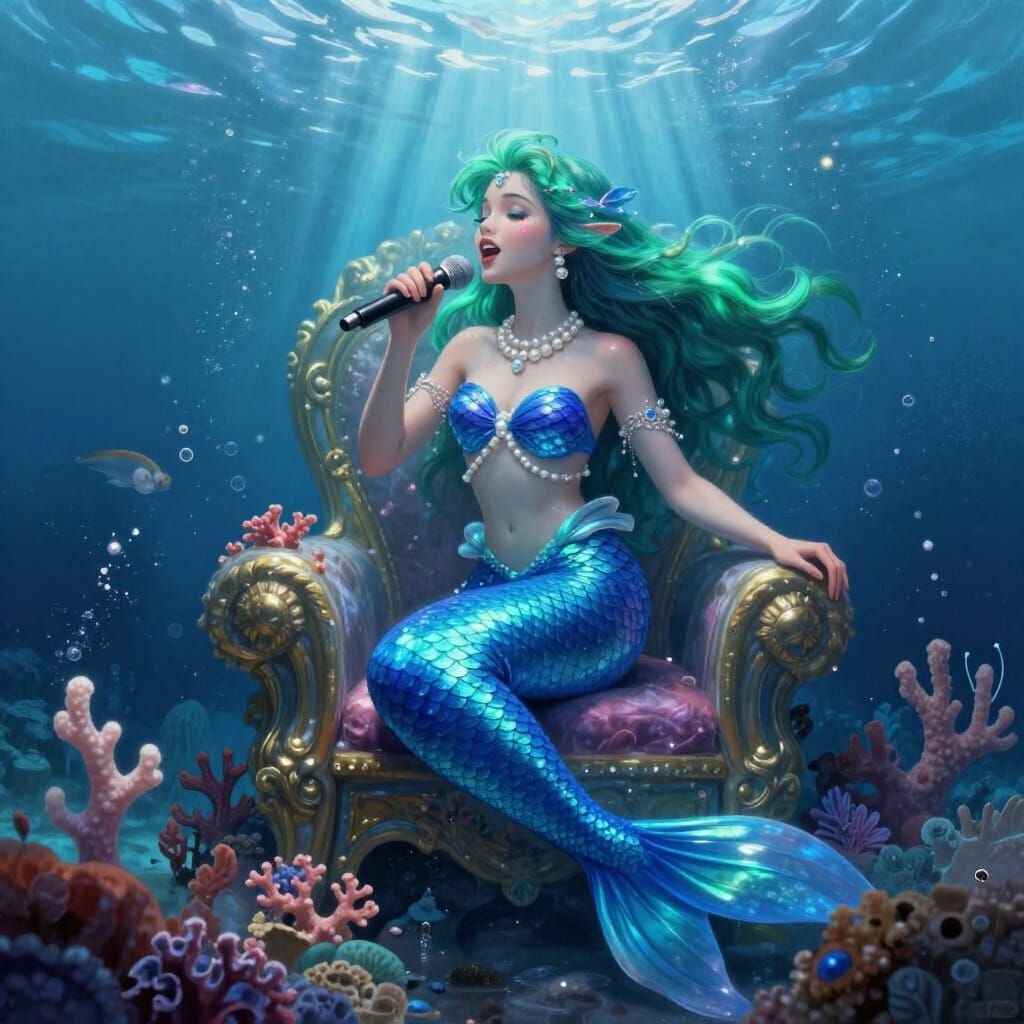 Blue Mermaid Sings in Bioluminescent Underwater Kingdom