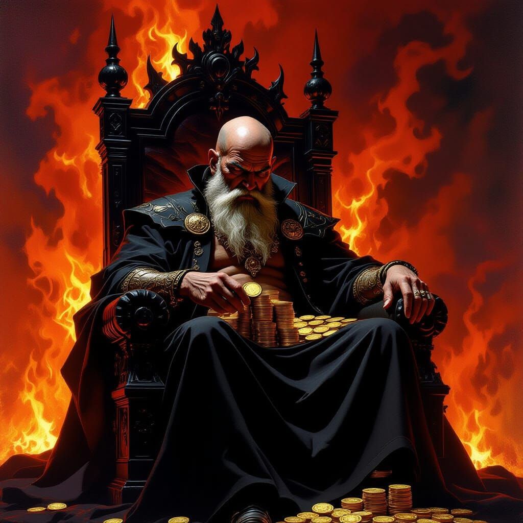 Bald Old Man Counts Gold Amidst Fiery Throne