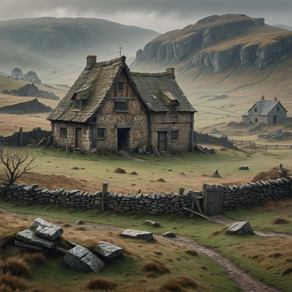 Misty Medieval Farmhouse in Bleak Moorland: Matte Painting