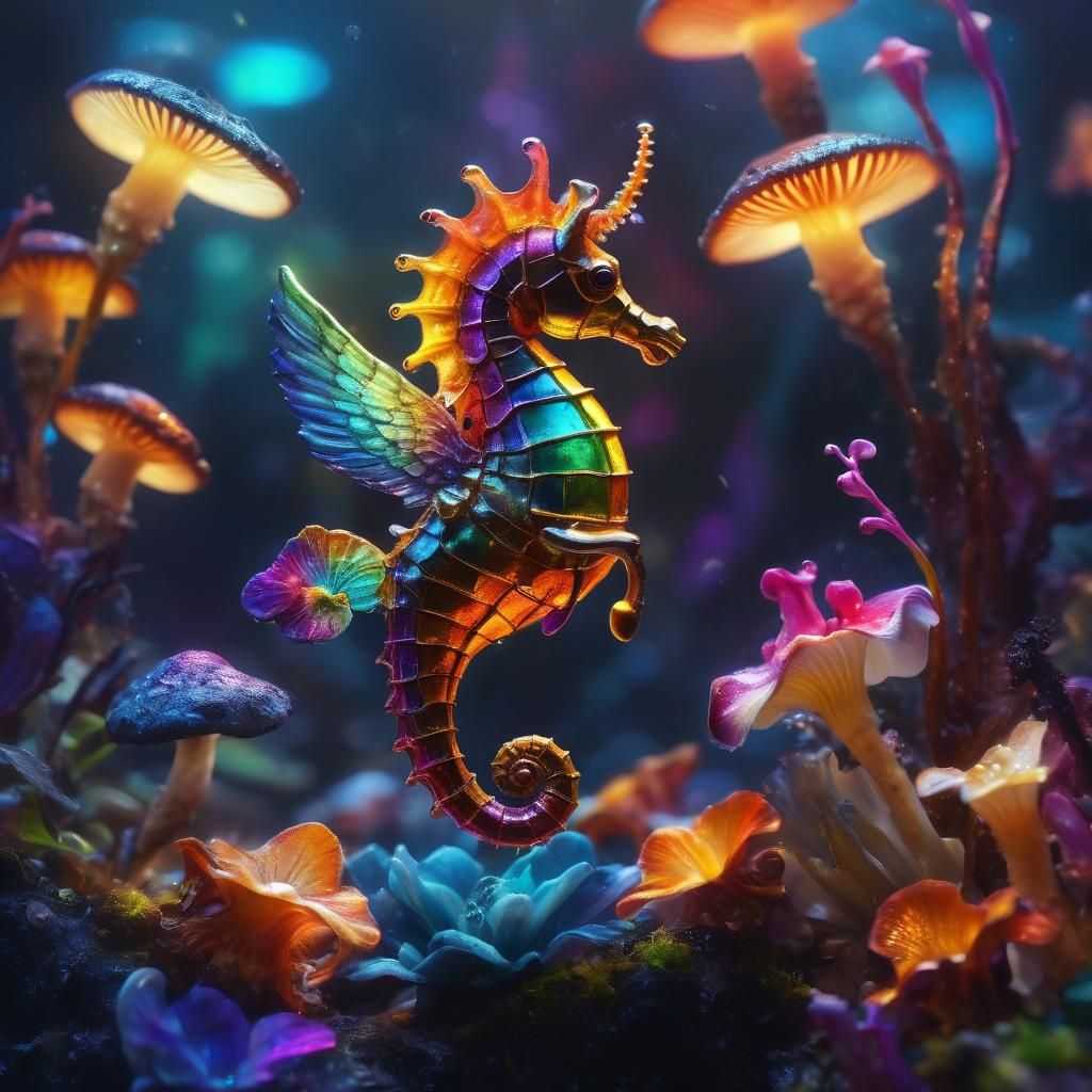Winged Seahorse Flies Through Sci-Fi Fantasy Landscape