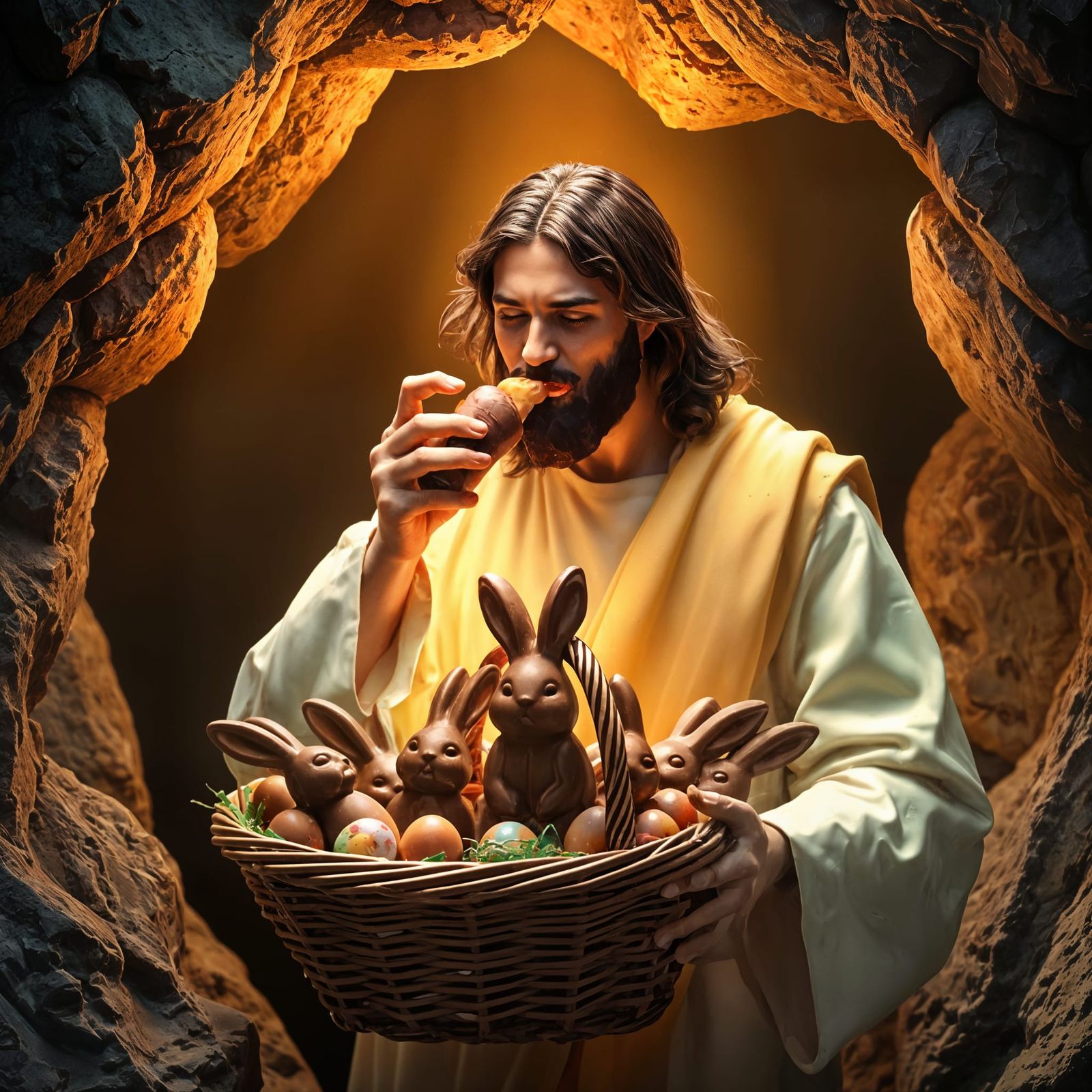 Glowing Jesus Emerges from Cave with Chocolate Easter Basket