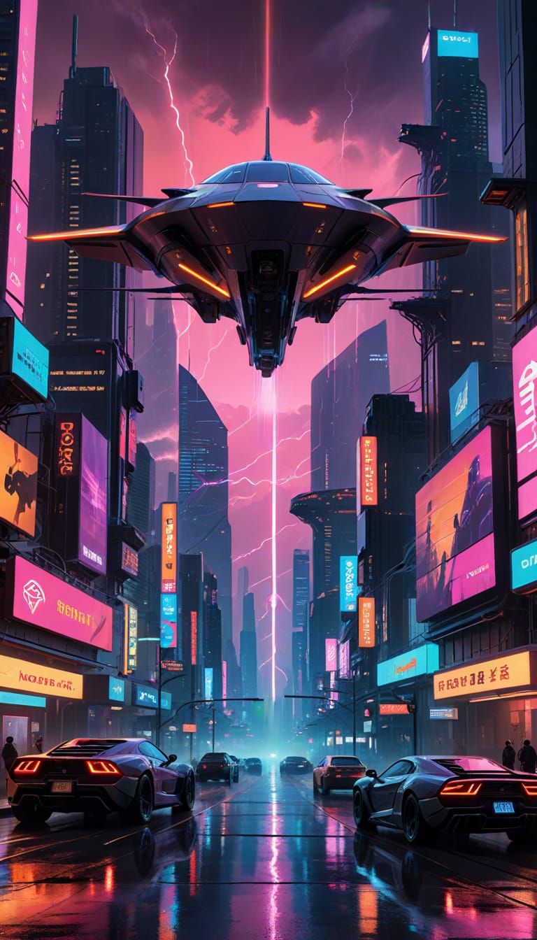 Cyberpunk Metropolis at Night in Neon Hues