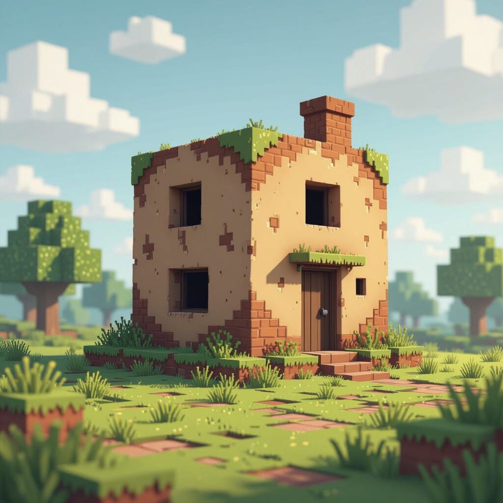 Minecraft Dirt House in Blocky Pixel Art Style