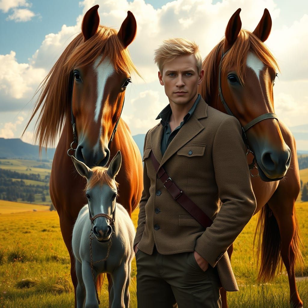 Handsome Man Stands Between Majestic Horses in Idyllic Count...
