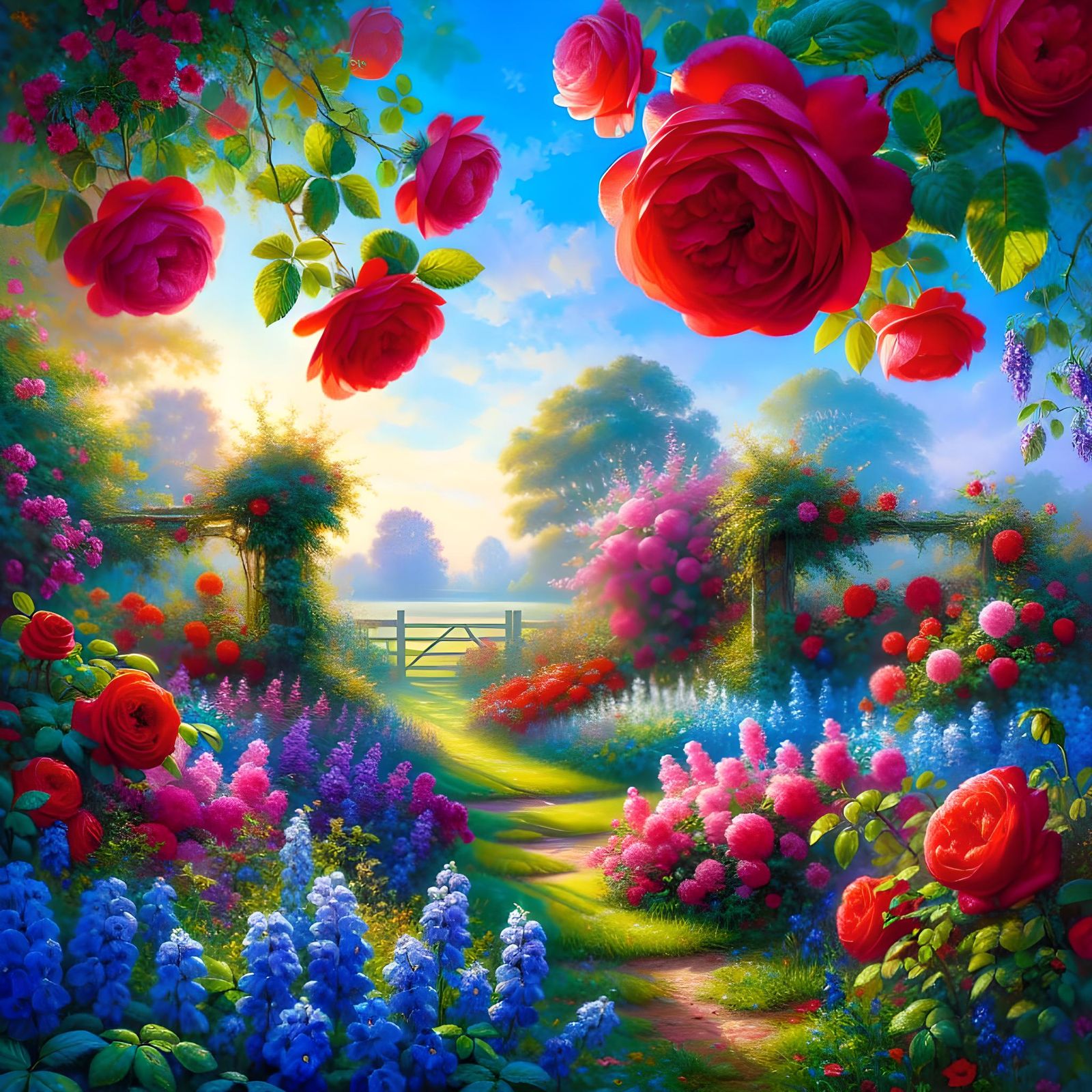 Vivid Garden with Red Roses and Blue Violets