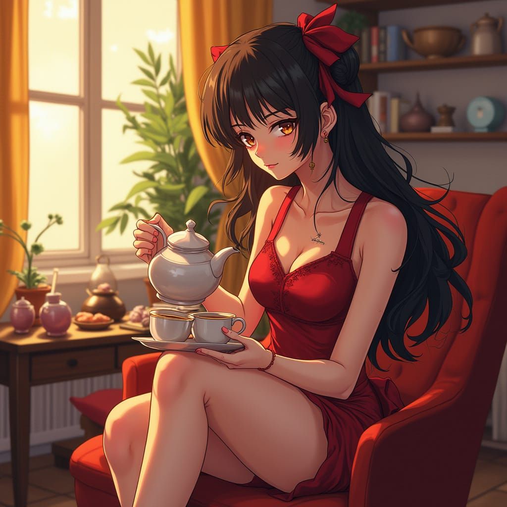 Elegant Anime Woman Brewing Tea in Cozy Home