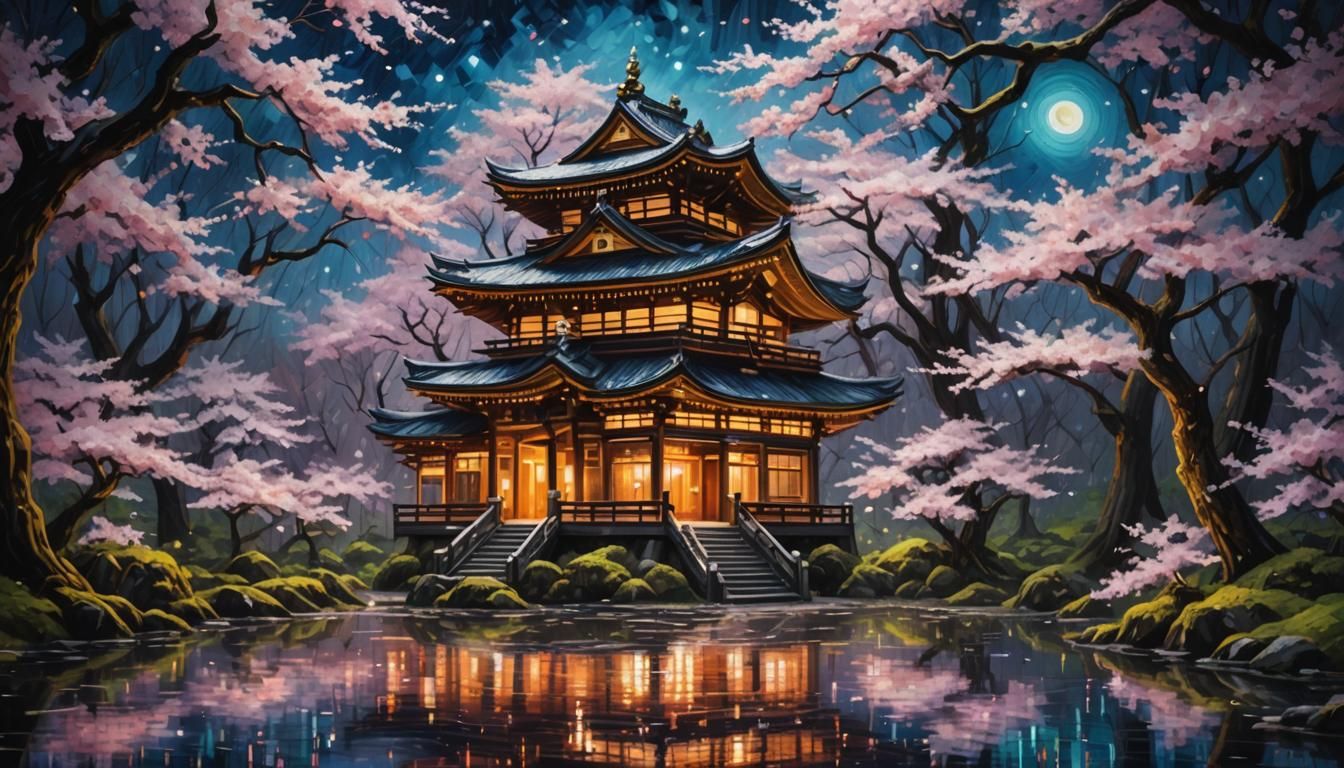 Illuminated Japanese Temple in Enchanted Forest as Impasto P...