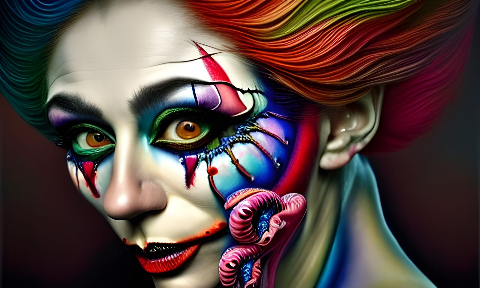 Colorful Clown Woman with Elaborate Makeup
