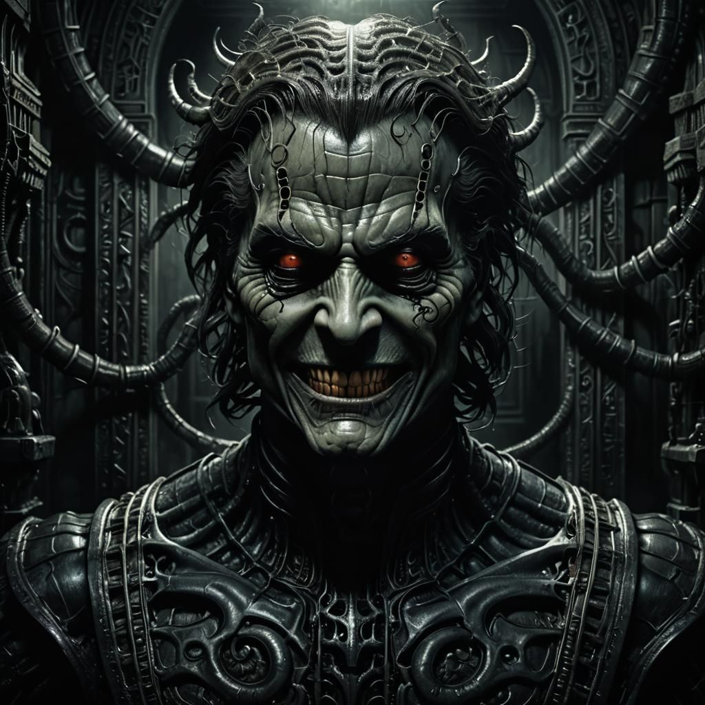 Eerie Man with Sinister Smile in Dark Surrealism Style