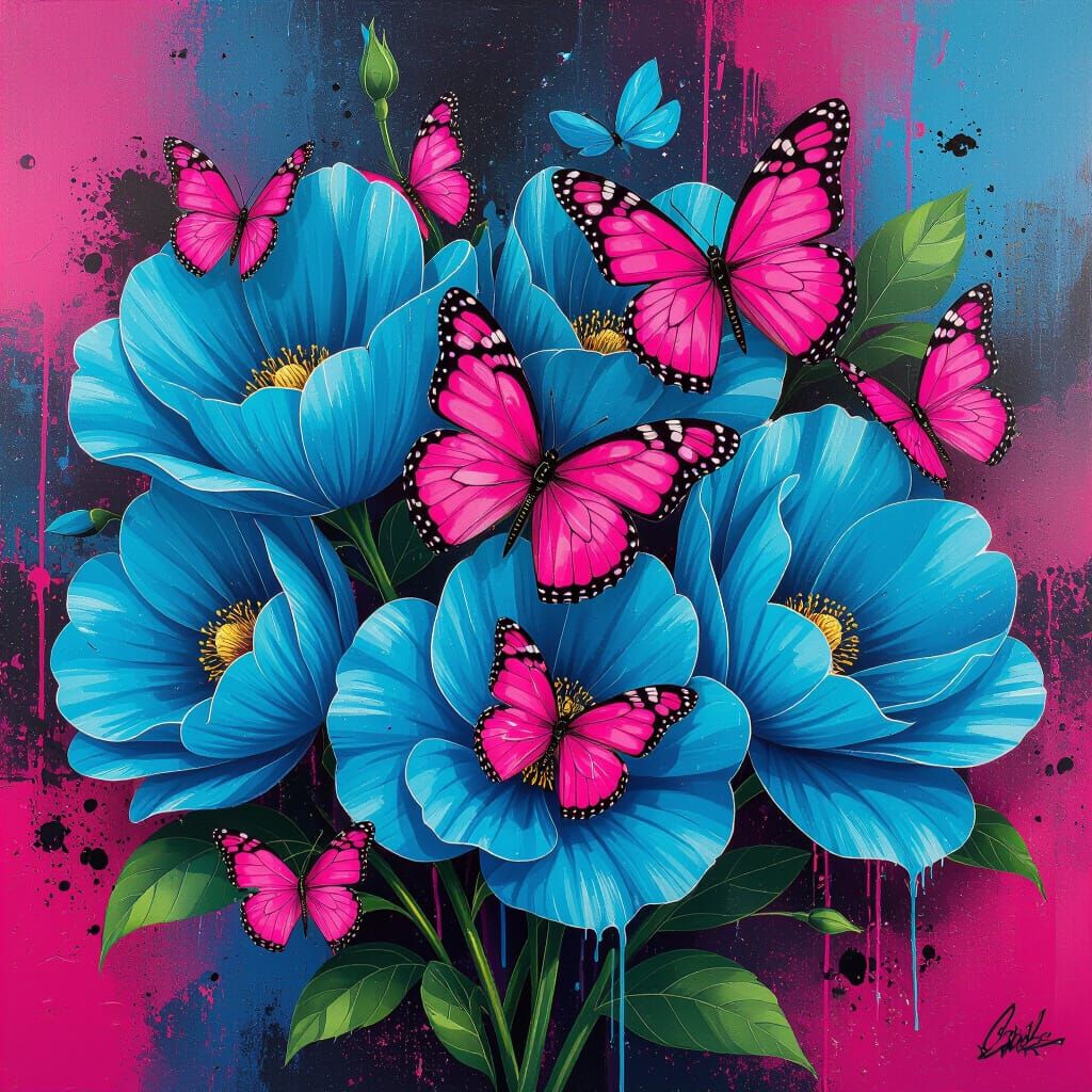 Pink Butterflies Emerge From Turquoise Flowers in Graffiti S...