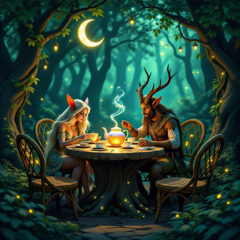 Magical Woodland Cafe with Mystical Faun Pouring Moon Tea