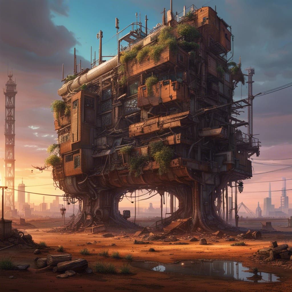 Biopunk Cityscape Ruins in Ethiopian Savannah Watercolor