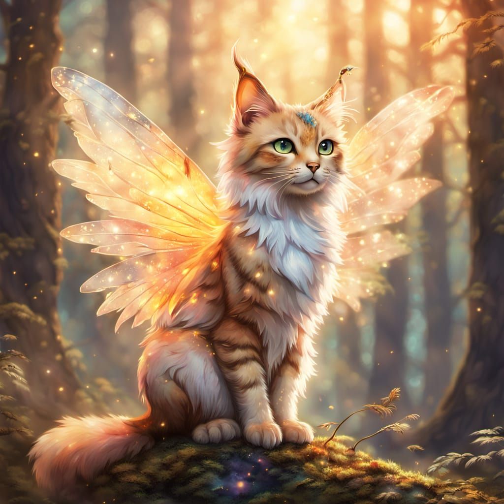 Cat Fairy with Bird Wings in Watercolor Style