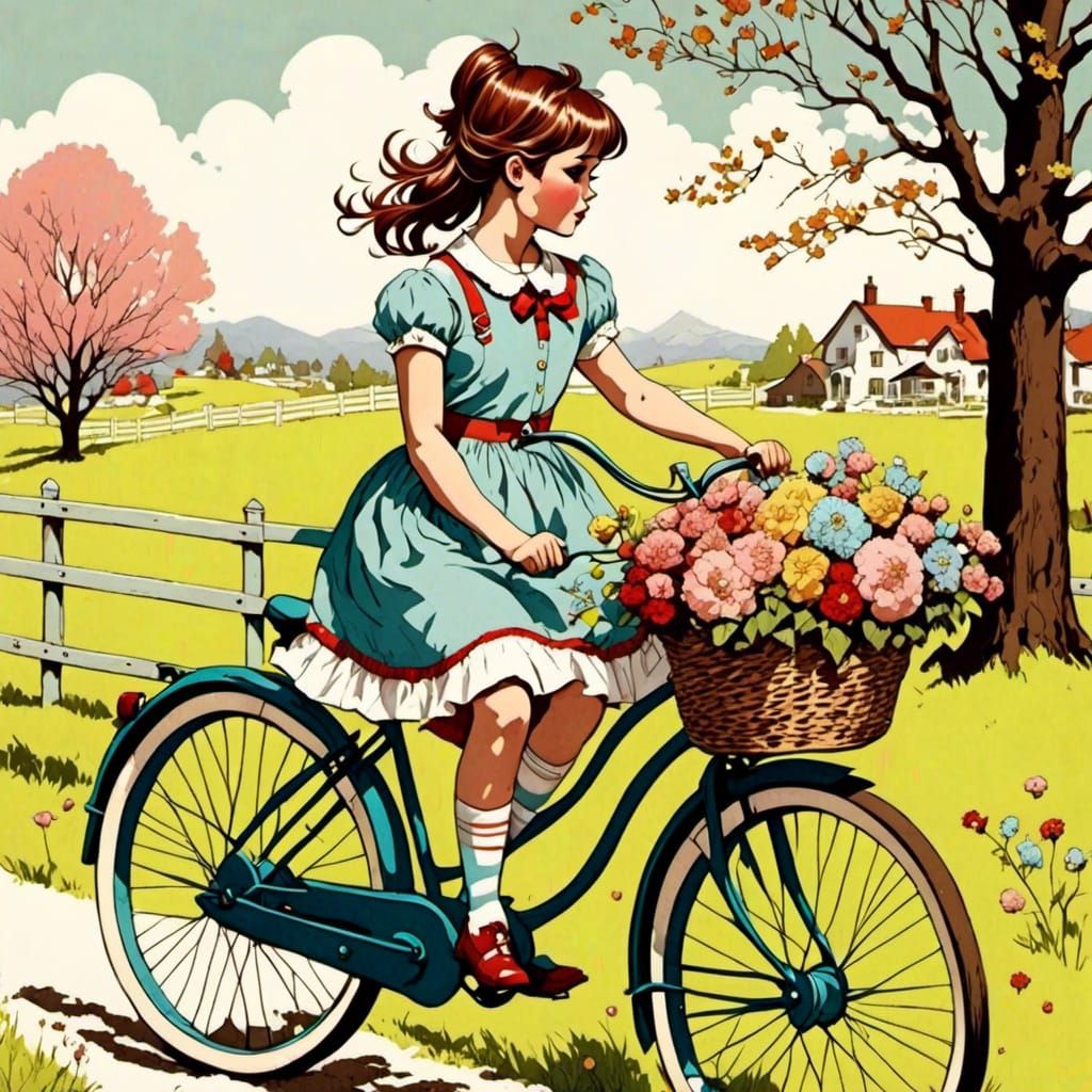 Girl on Bicycle in Spring Pastel Scenery