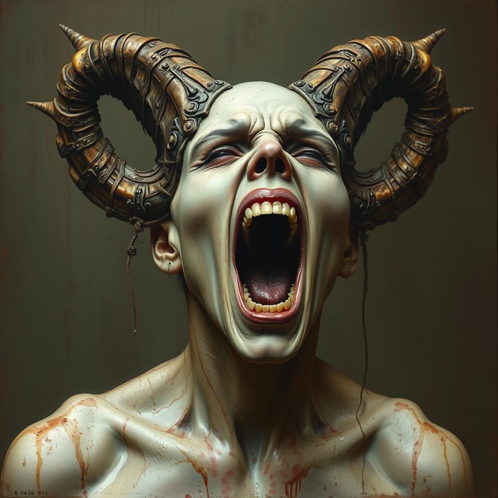 Screaming Horned Woman: Anatomical Horror Portrait