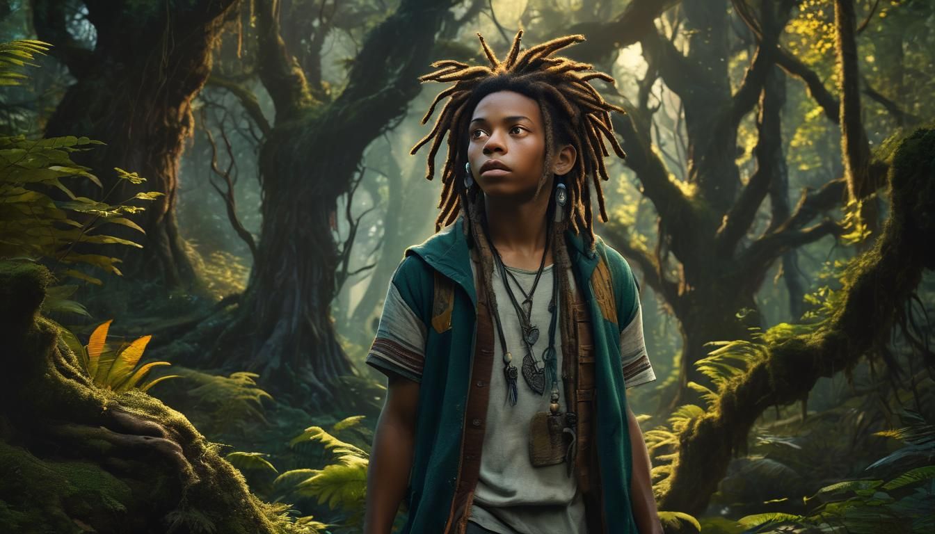 Yellow-Skinned Boy with Dreadlocks in Lush Forest