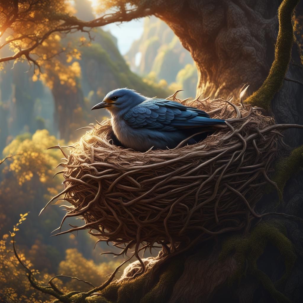 Bird Sleeping in Nest: Detailed Fantasy Art