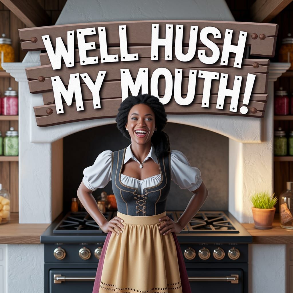 Laughing Black Woman in Rustic Kitchen with Funny Sign