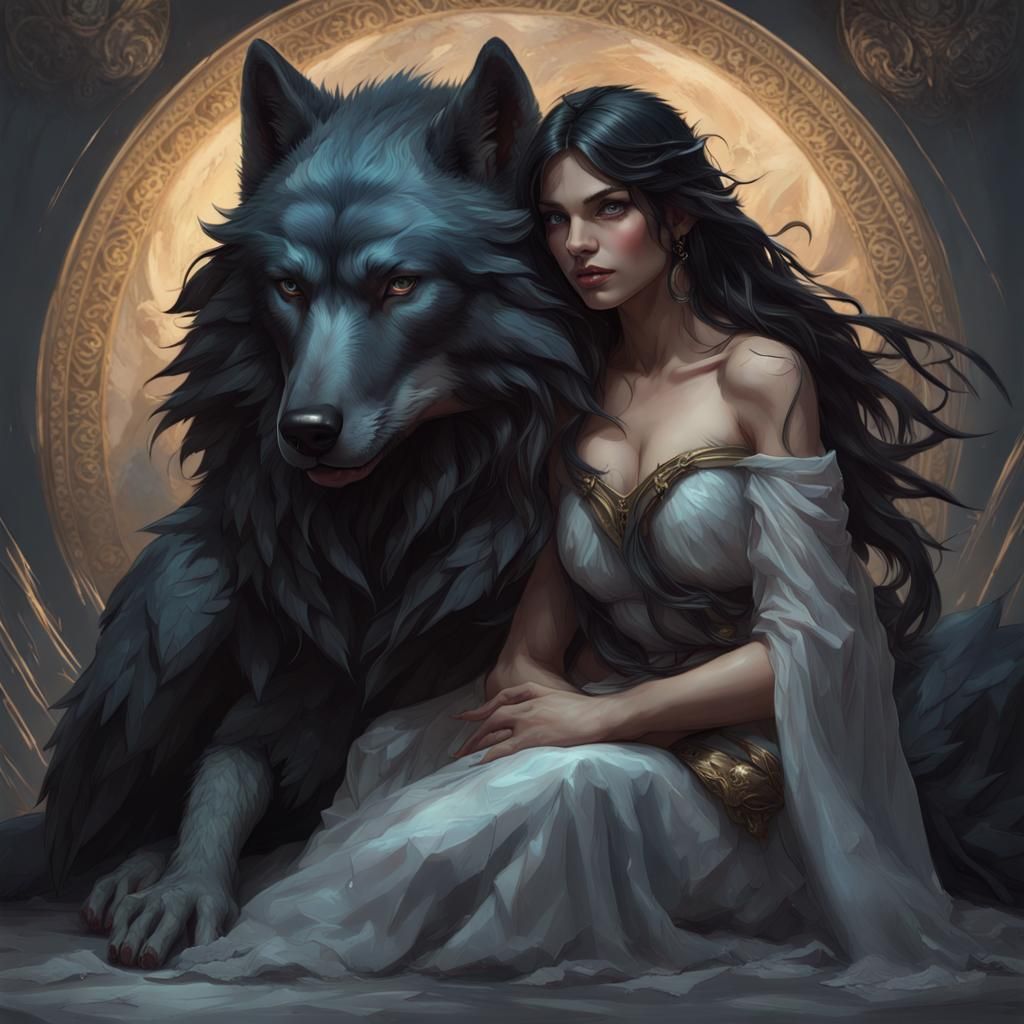 Woman and Winged Wolf Portrait in Hyperdetailed Style