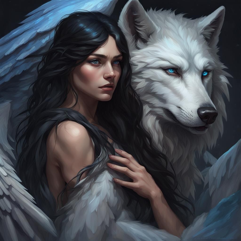 Woman and Winged Wolf God: Hyperdetailed Portrait