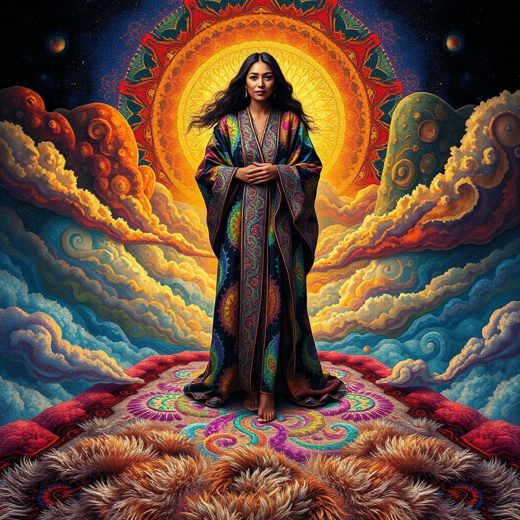 Majestic Woman in Embroidered Robe with Zentangle Carpet
