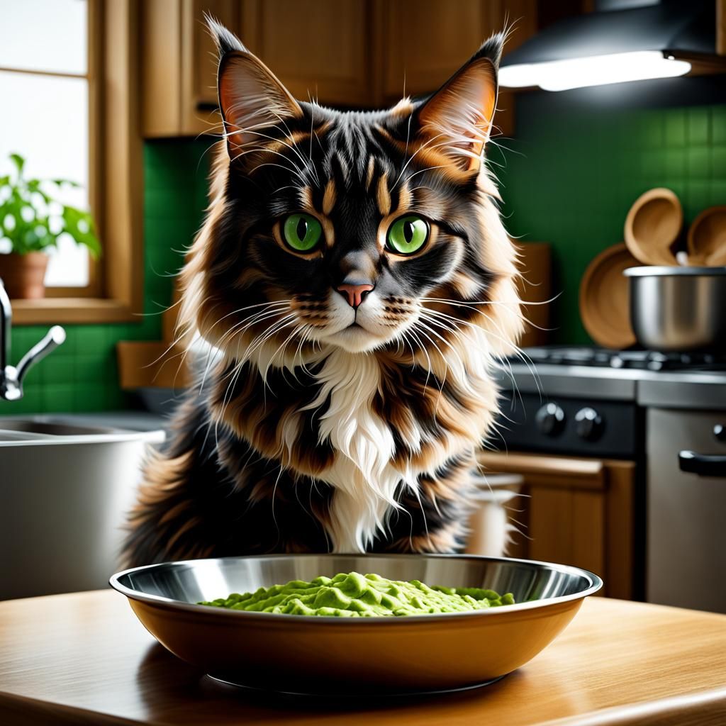 Sullen Maine Coon Cat with Empty Food Bowl