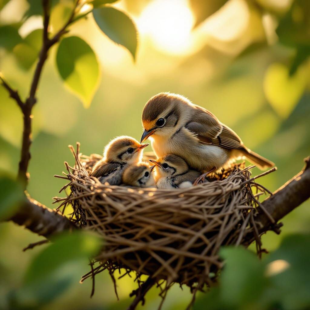 Cinematic Bird Nest Feeding Scene in Golden Sunlight