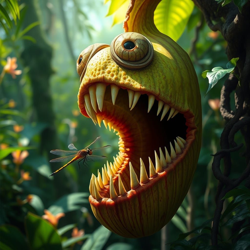 Hyperrealistic Carnivorous Plant in Primeval Rainforest