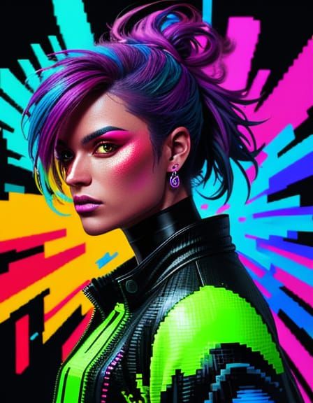 Vibrant Pixel Art of a Person Looking at Awesome Things