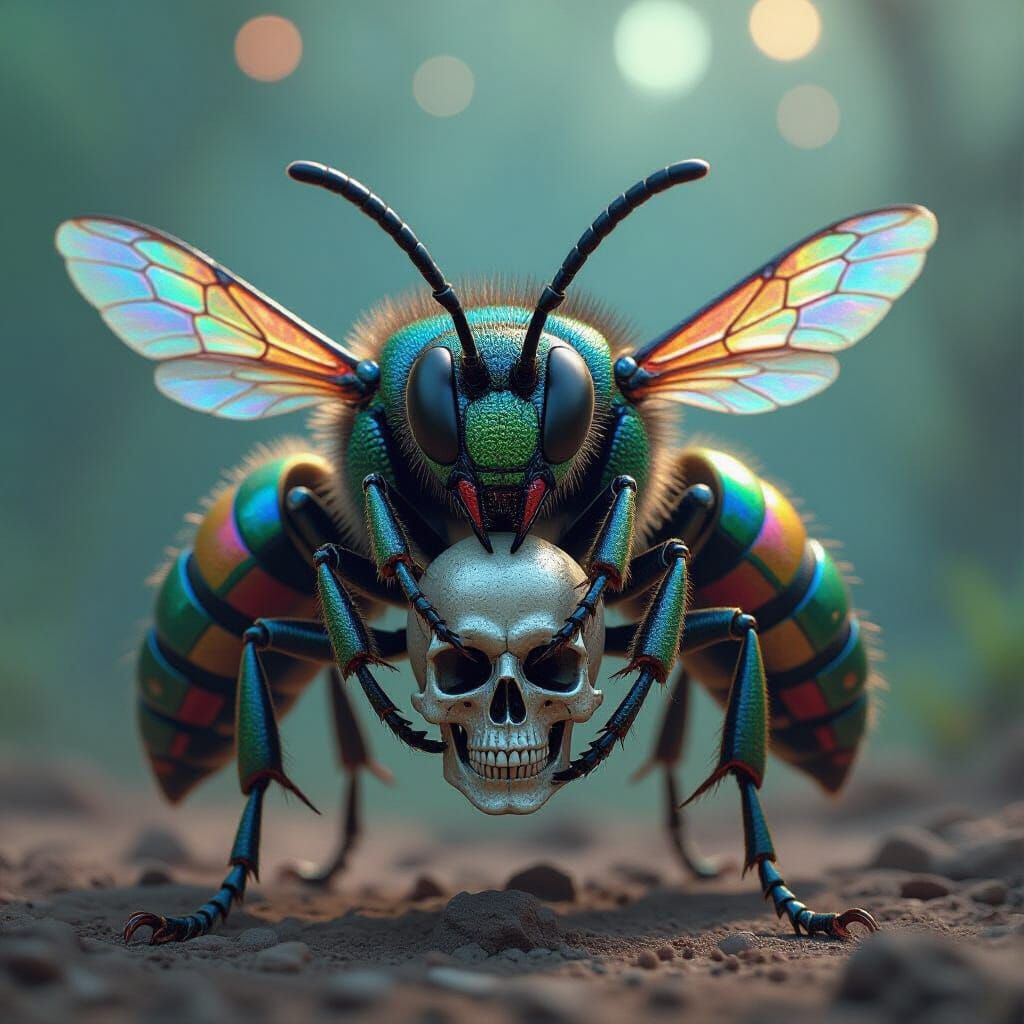 Cyborg Wasps Dancing with a Skull in Surreal Style